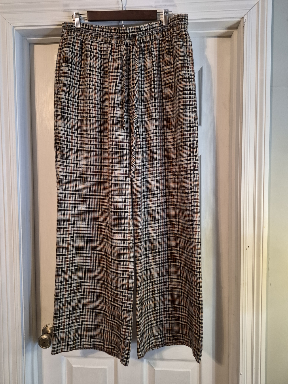 Every Plaid Wide-Leg Drawstring Pants in Brown and Cream XL